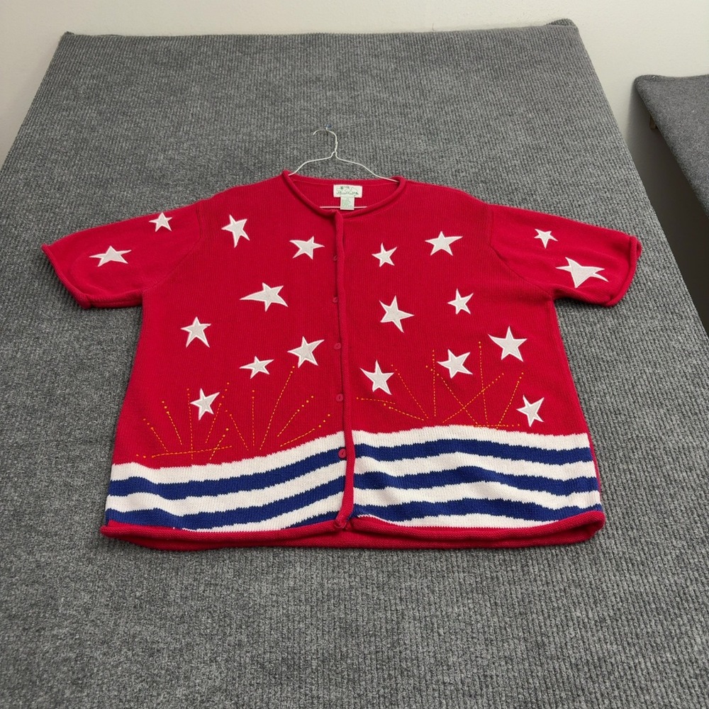 Vintage Quacker Factory Cardigan Women 2X Red Ramie Cotton Stars Patriotic Style